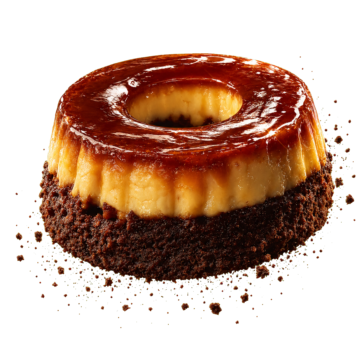 Glossy caramel choco-flan with chocolate cake base