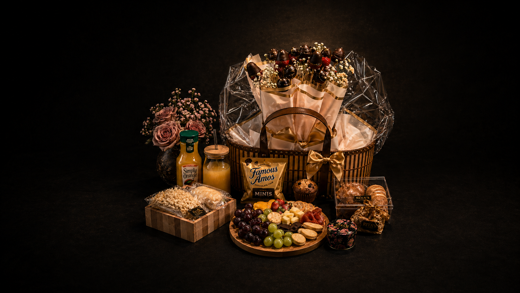 Mother's Day basket with truffle bouquets, flowers, fruit board, breads, juice, and gifts